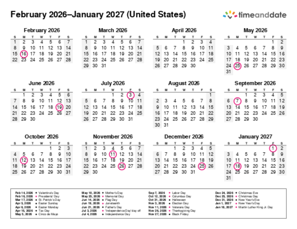 Calendar for 2026 in United States