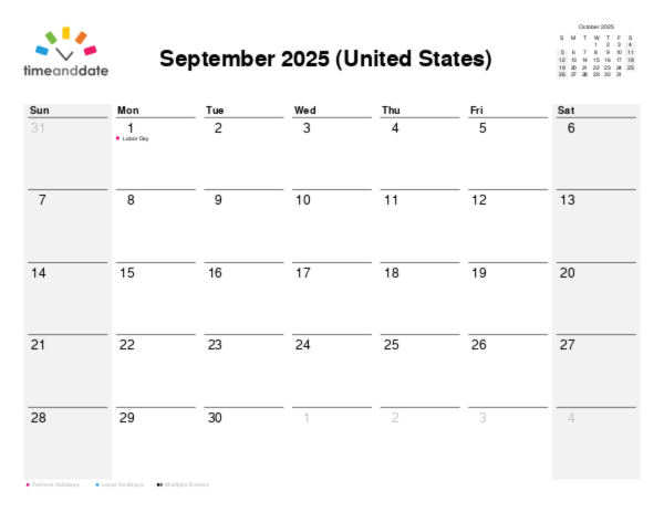 Calendar for 2025 in United States