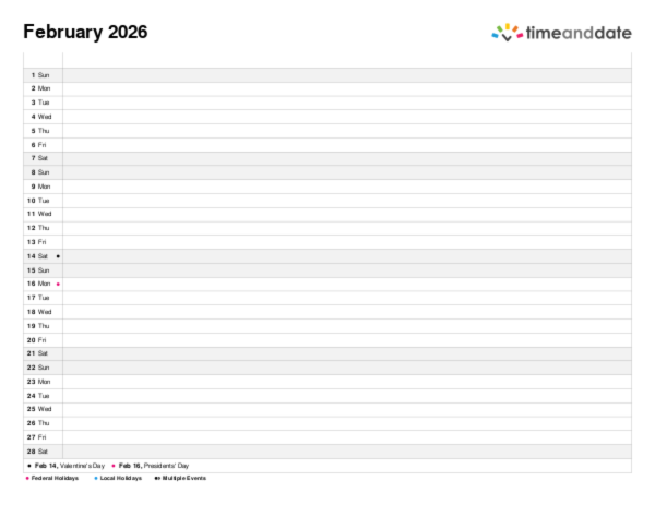 Family planner for 2026 in United States