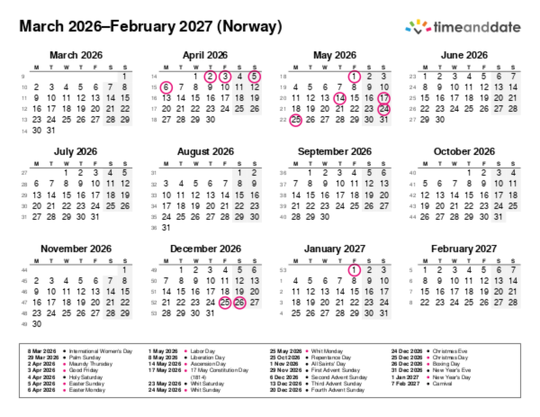 Calendar for 2026 in Norway