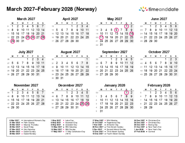 Calendar for 2027 in Norway