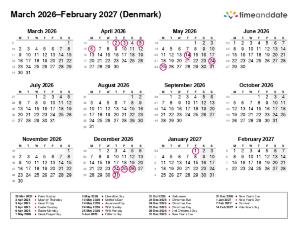 Calendar for 2026 in Denmark