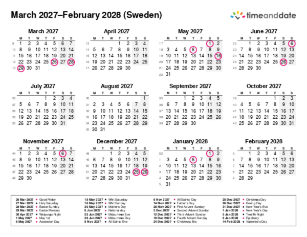 Calendar for 2027 in Sweden