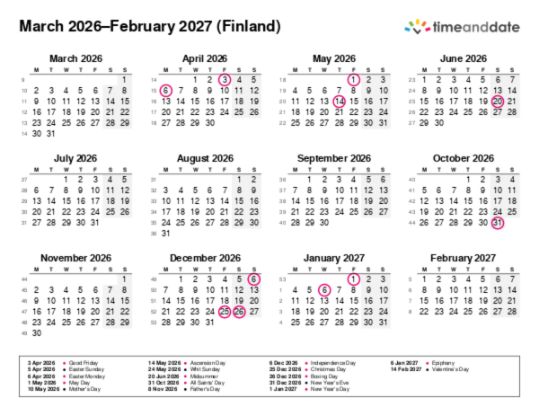 Calendar for 2026 in Finland
