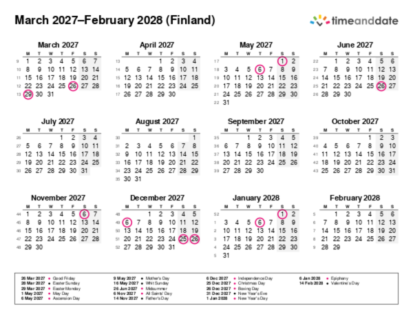 Calendar for 2027 in Finland