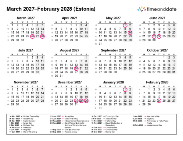 Calendar for 2027 in Estonia