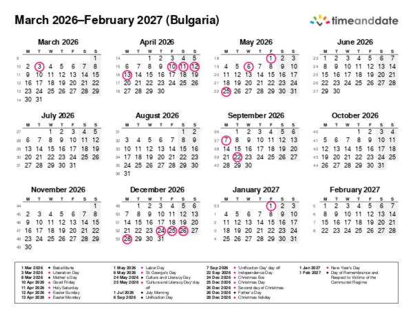 Calendar for 2026 in Bulgaria