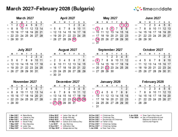 Calendar for 2027 in Bulgaria