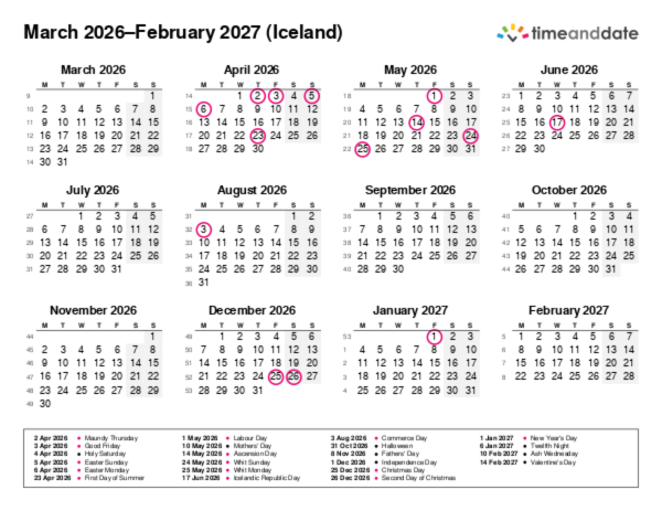 Calendar for 2026 in Iceland