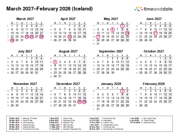 Calendar for 2027 in Iceland